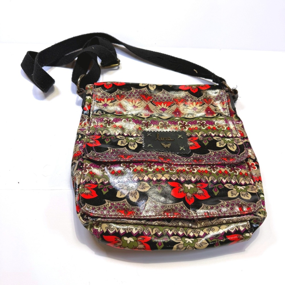 Lina Womens Crossbody Bag Purse Red Purple Green Flower Pattern